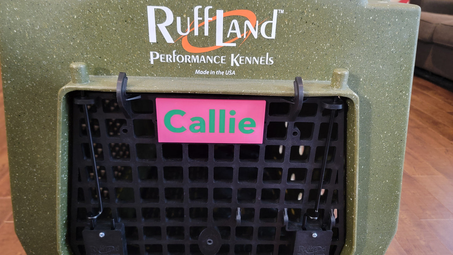 Pink Ruffland Kennel name plate or name tag in durable plastic