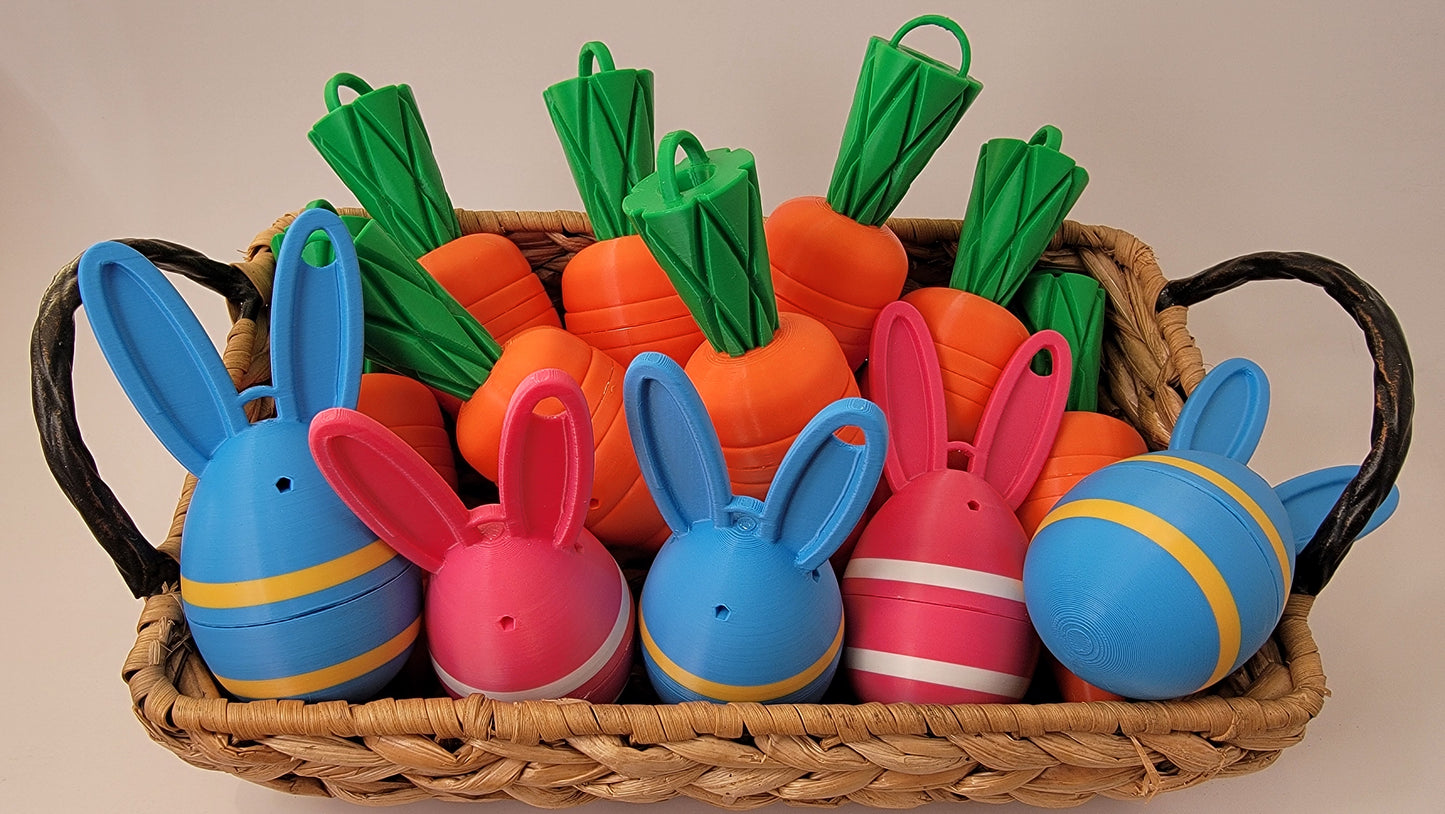 Carrot and Easter egg scent containers used in nose work training and competition