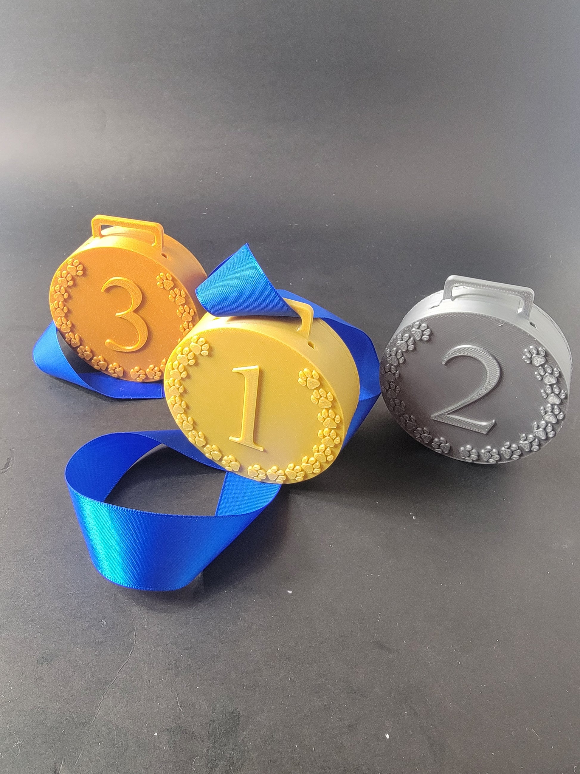 Gold, silver, and bronze 3D printed nose work medal hides with paw print border and blue ribbon, front view