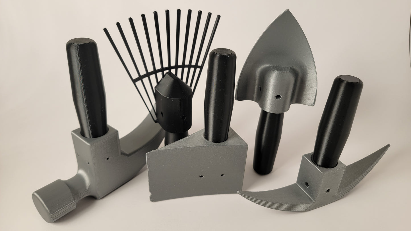 Tools scent hide set of 5 for nose work training, hammer, axe, rake, shovel, pick shaped. 