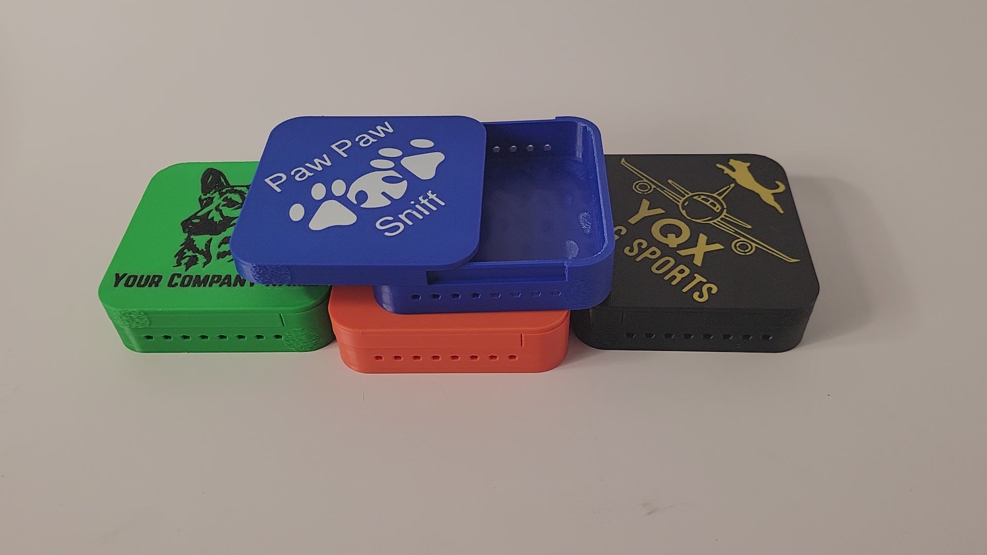 Video of custom tile containers for canine/dog nose and scent work training or competition. 